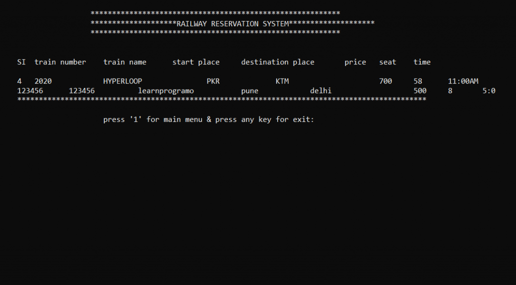 railway reservation system project in c++