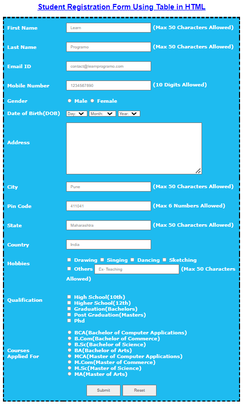 student registration form in html with css