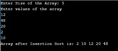 insertion sort program in c++