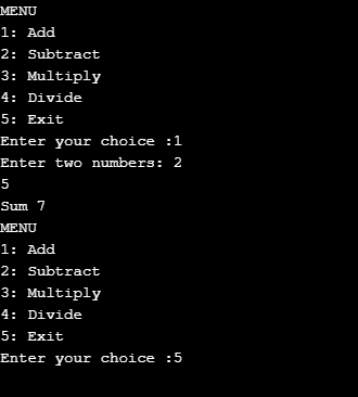 menu driven program in c using switch statement