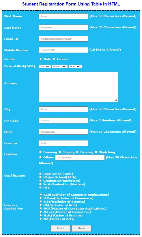 student registration form in html with css